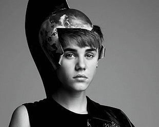 grayscale photography of Justin Bieber